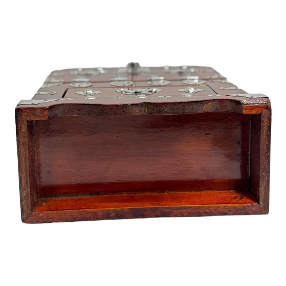 Vintage 1900s Korean Wood Jewellery Box 3 drawers with Intricate Metal Design - Picture 8 of 10